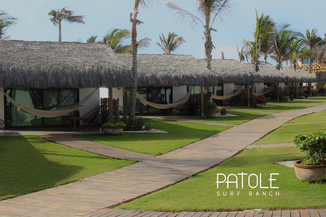 Hilera de bungalows con techo de palapa, hamacas en la terraza y andador de madera