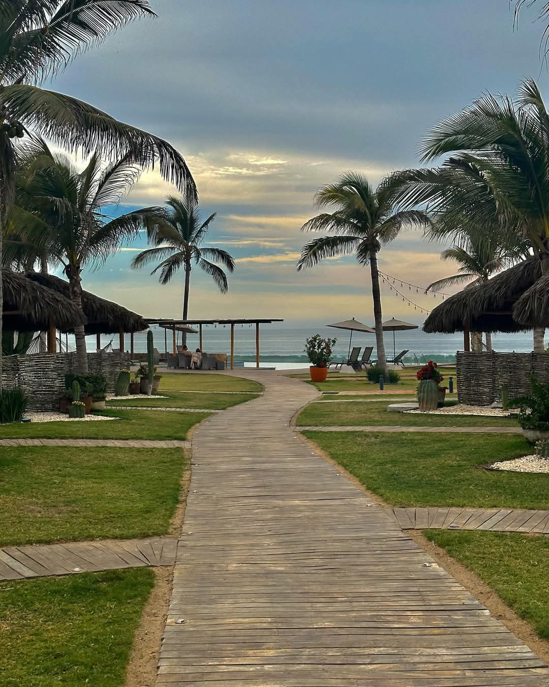 Andador de madera entre palmeras que baja hasta el mar al atardecer